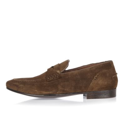 Brown suede saddle loafers